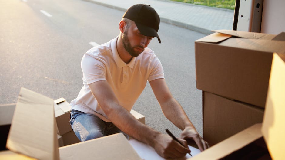 A man wearing a black cap and a white polo shirt is kneeling on the pavement next to an open cardboard box during a home relocation process. He is using a black marker to label or record information on a sheet of paper placed inside the box. Surrounding him are several other packed cardboard boxes, some stacked neatly, with packing materials such as bubble wrap and plastic film visible on the boxes. In the background, a vehicle with its door open indicates that the packing and loading process is underway, with more boxes and possibly furniture inside or nearby. The area appears to be outside a residential property in daylight, with a driveway or street visible. This scene exemplifies furniture transport and the packing and moving phase of house removals, supported by a professional relocation service like Man With a Van Eltham.